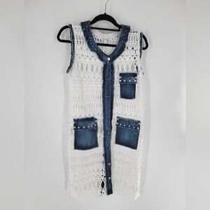 Adore lace and denim long vest in white Size‎ S